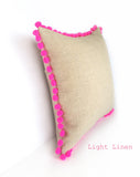 Kirsty Gadd Textiles - Neon Pink Pom Pom Light Natural Linen Cushion