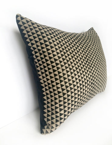 Dark Natural Linen & Black Silk, Black Triangle Screen Print Cushion