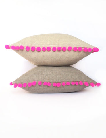 Natural Linen & Hot Neon Pink Pom Pom Bobble Trim Cushion - Various Sizes - MADE TO ORDER