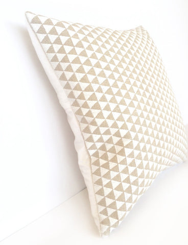Light Natural Linen & Ivory Silk, White Triangle Screen Print Cushion