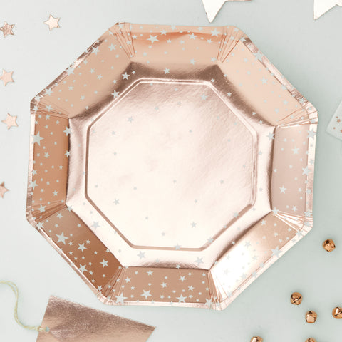 CLEARANCE: Rose Gold Foiled Star Design Paper Plates - 8 Pack - Metallic Star