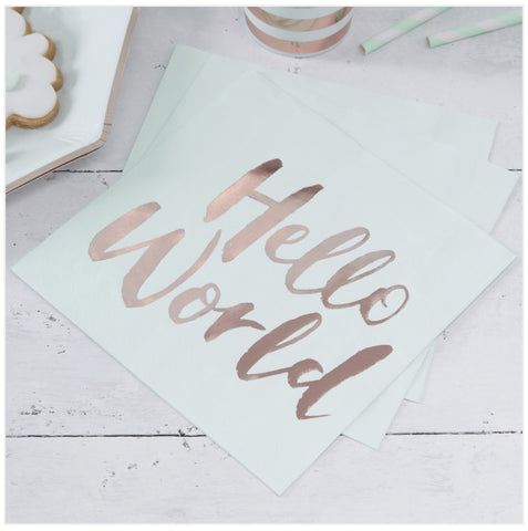 Mint & Rose Gold Paper Napkins - Hello World - Baby Shower