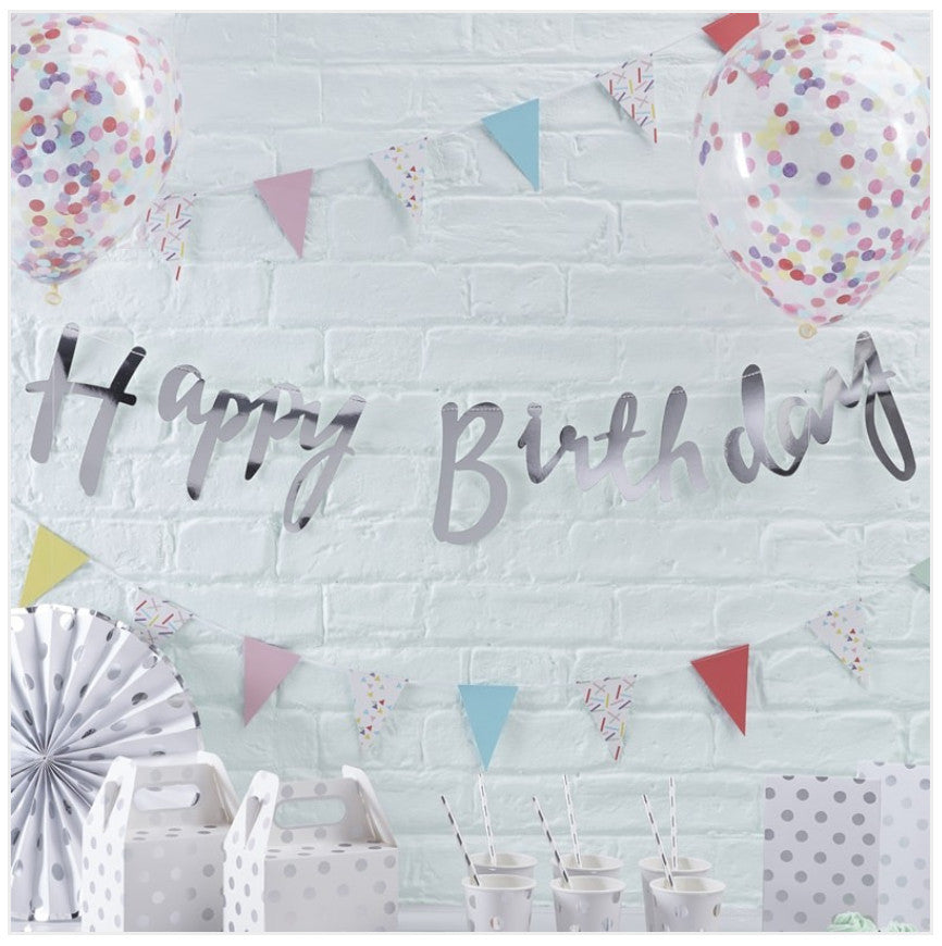 Silver Happy Birthday Banner Bunting Kirsty Gadd Textiles Cirencester Cotswolds