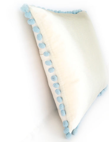 Ivory Silk & Blue Pom Pom Bobble Trim Cushion - Various Sizes - MADE TO ORDER