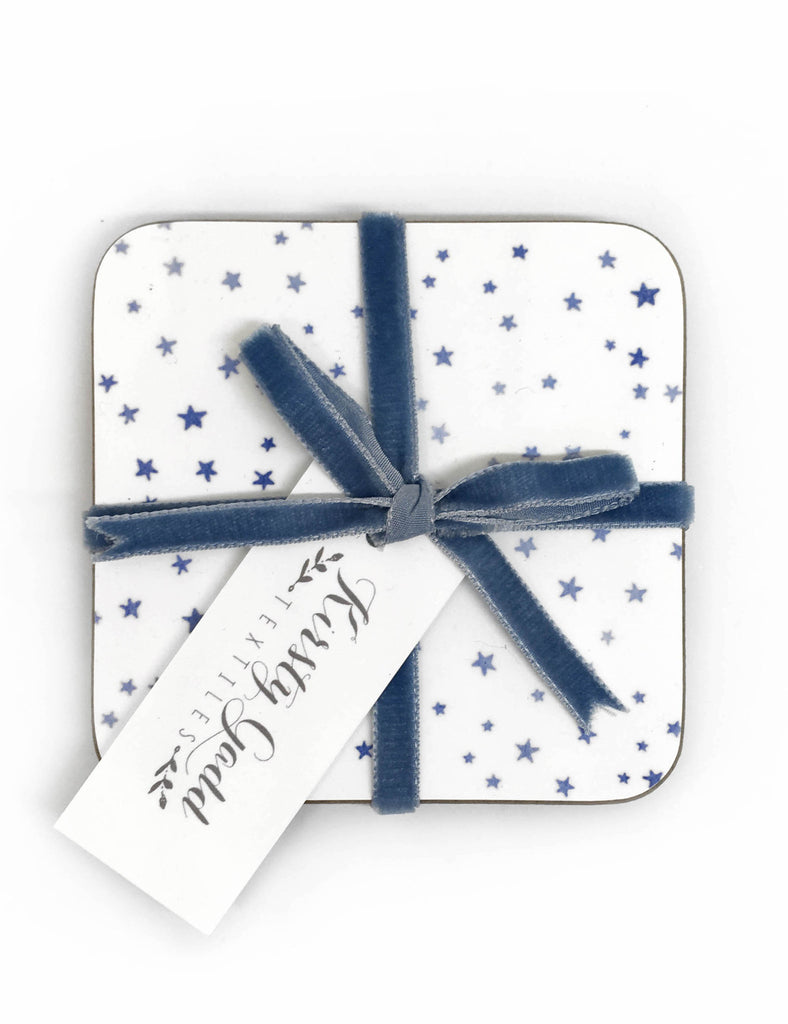 Kirsty Gadd Textiles Blue Star Coaster 4 pack tied with blue velvet ribbon
