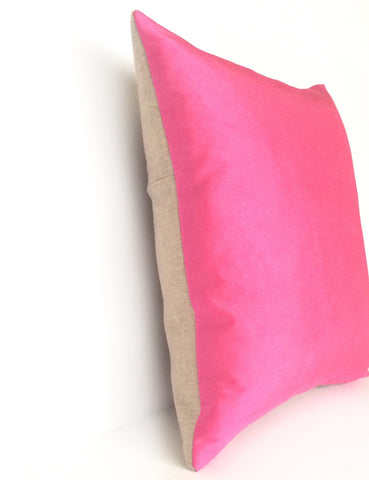 Mid Pink Silk & Natural Linen Luxurious Handmade Square Cushion - Various Sizes - Hand-dyed