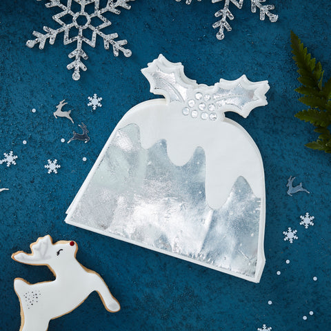 CLEARANCE: Silver Foiled Christmas Pudding Paper Napkins - 12 Pack